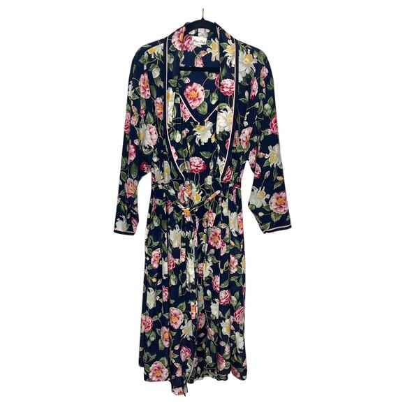 Vtg 1970s Miss Dior Satin Peignoir Gown Set M/L Navy Floral Elegant Old Money - Picture 1 of 15